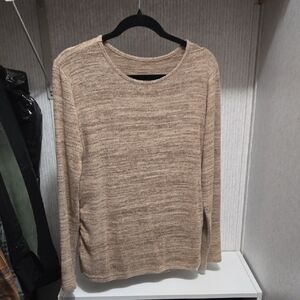 Elegant Beige Crew Neck Sweater With Ribbed Sided